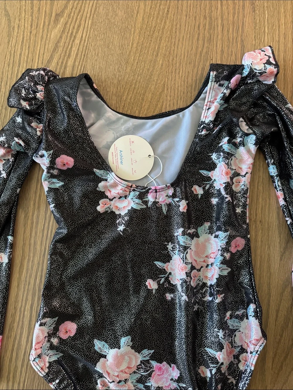 Black Floral Long-Sleeve Dance Leotard with Pink Accents